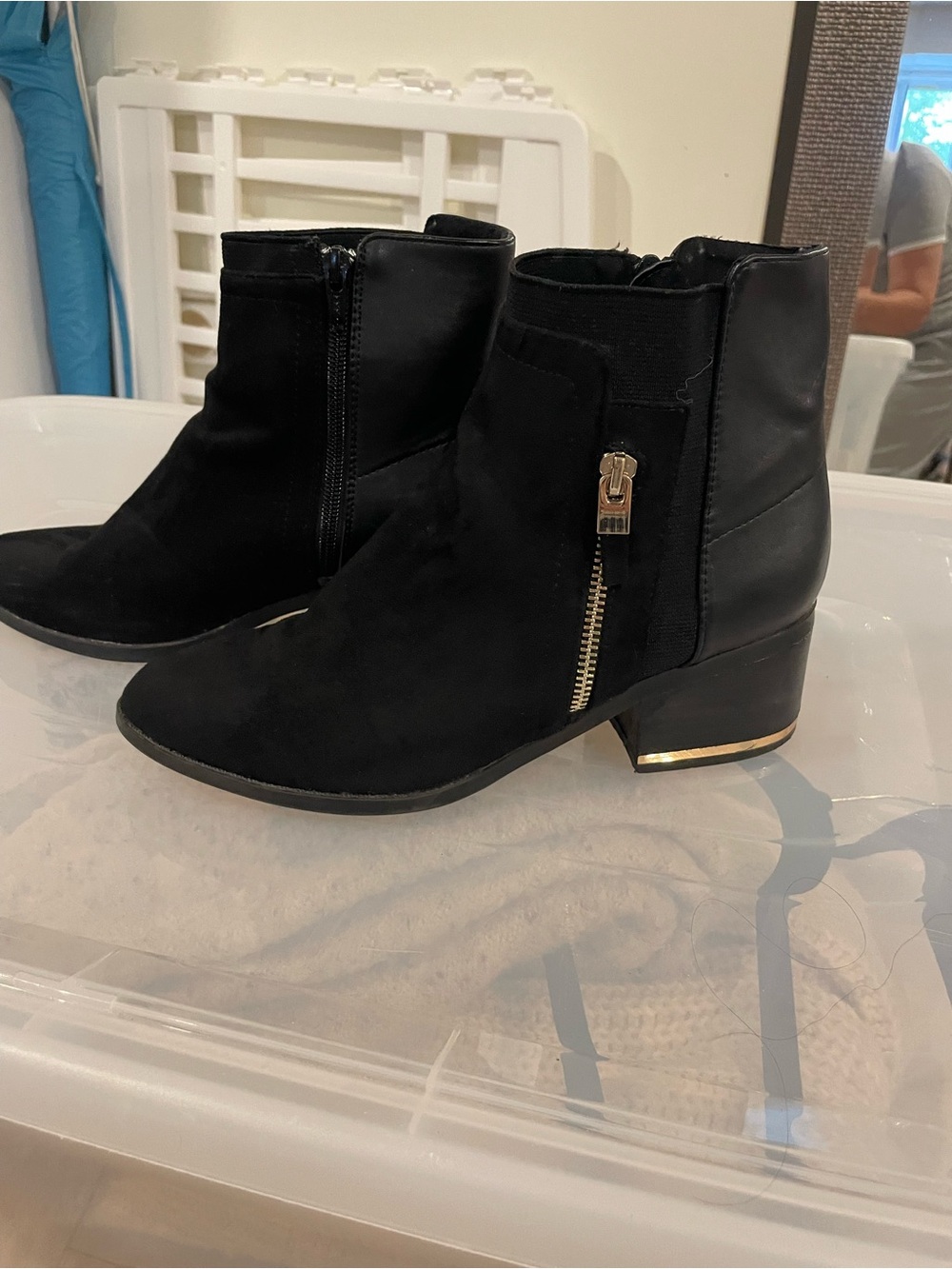 Call It Spring Black Ankle Booties with Gold Zip Accent